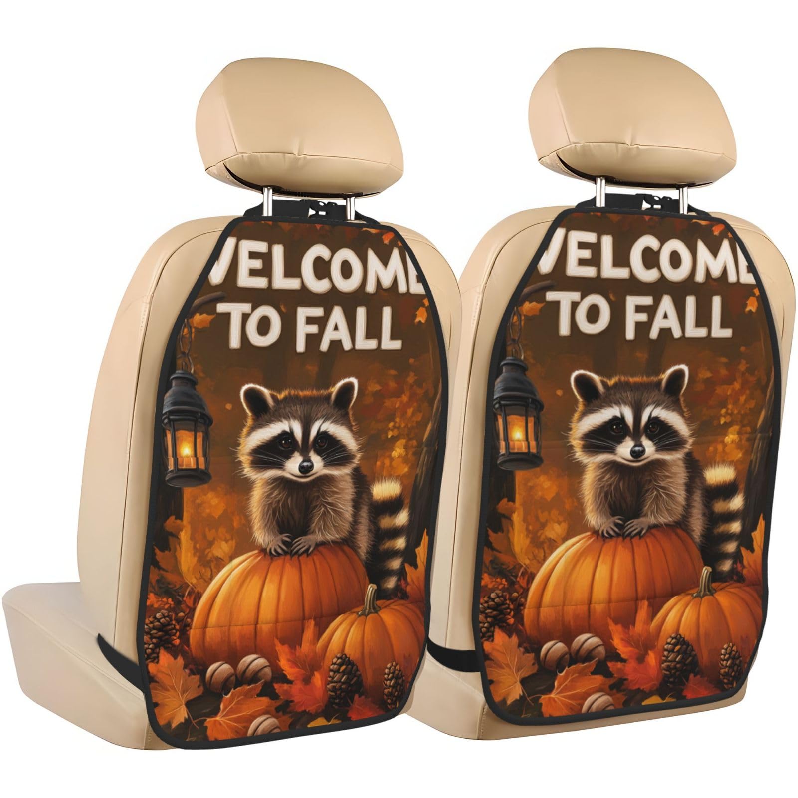 Alfombrillas protectoras de asiento de coche con diseño de mapache y calabaza, pack de 2 unidades
