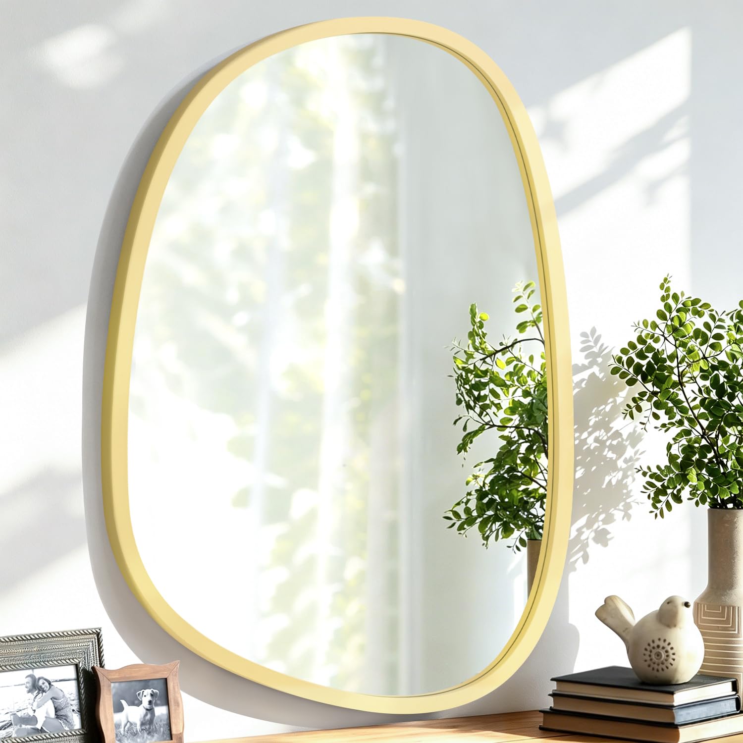 Lzuso Yellow Irregular Mirror For Wall Decor Modern Asymmetrical Wooden Framed Wall Mirror Unique Shape Vanity Artistic Oval Mirror Decorative For Living Room Bedroom Bathroom Entryway