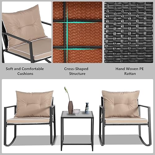 Miniatura 5 de MAGIC UNION Juego de bistro mecedora de 3 piezas, juego de muebles de mimbre para patio, sillas basculantes modernas, sillas mecedoras al aire