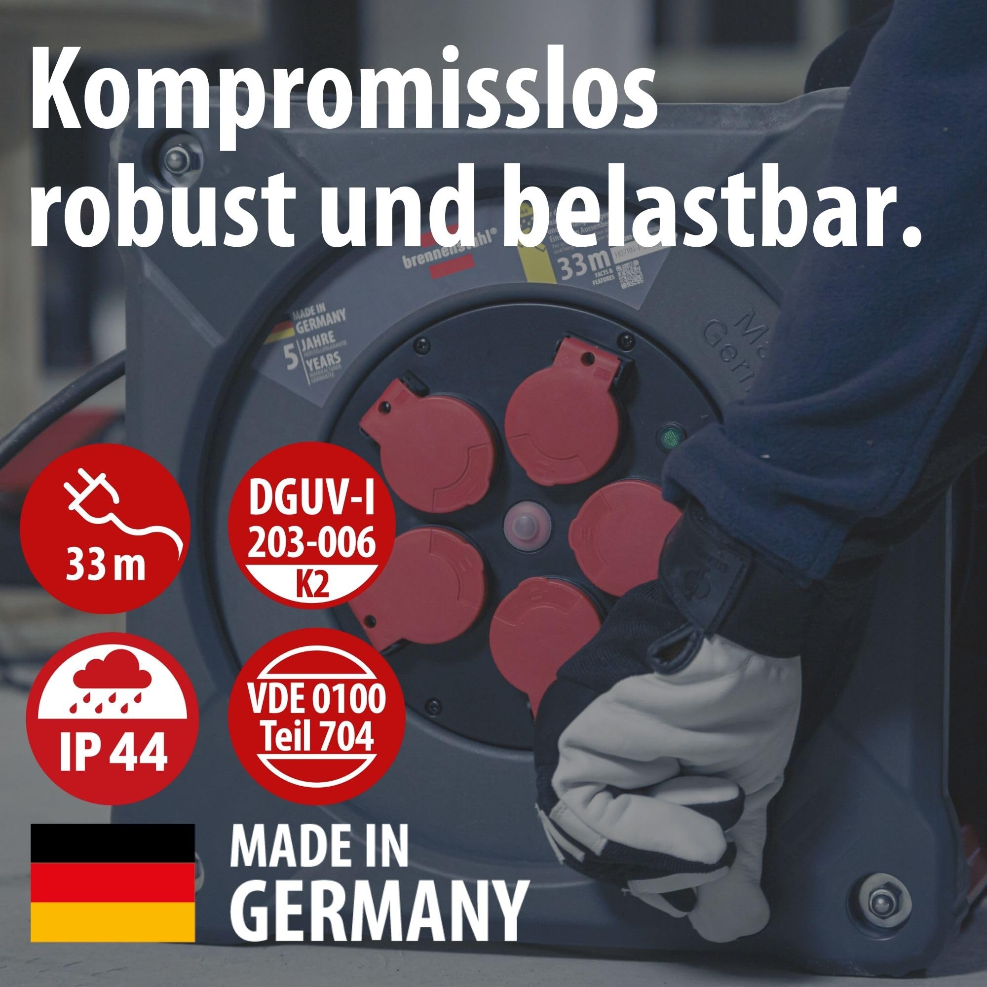 Brennenstuhl Avvolgicavo professionale per cantiere, KA 3200 5 IP44 (33 m cavo H07RN-F 3G2,5 in nero, 5 prese di sicurezza, uso in cantiere e uso esterno permanente, Made in Germany)