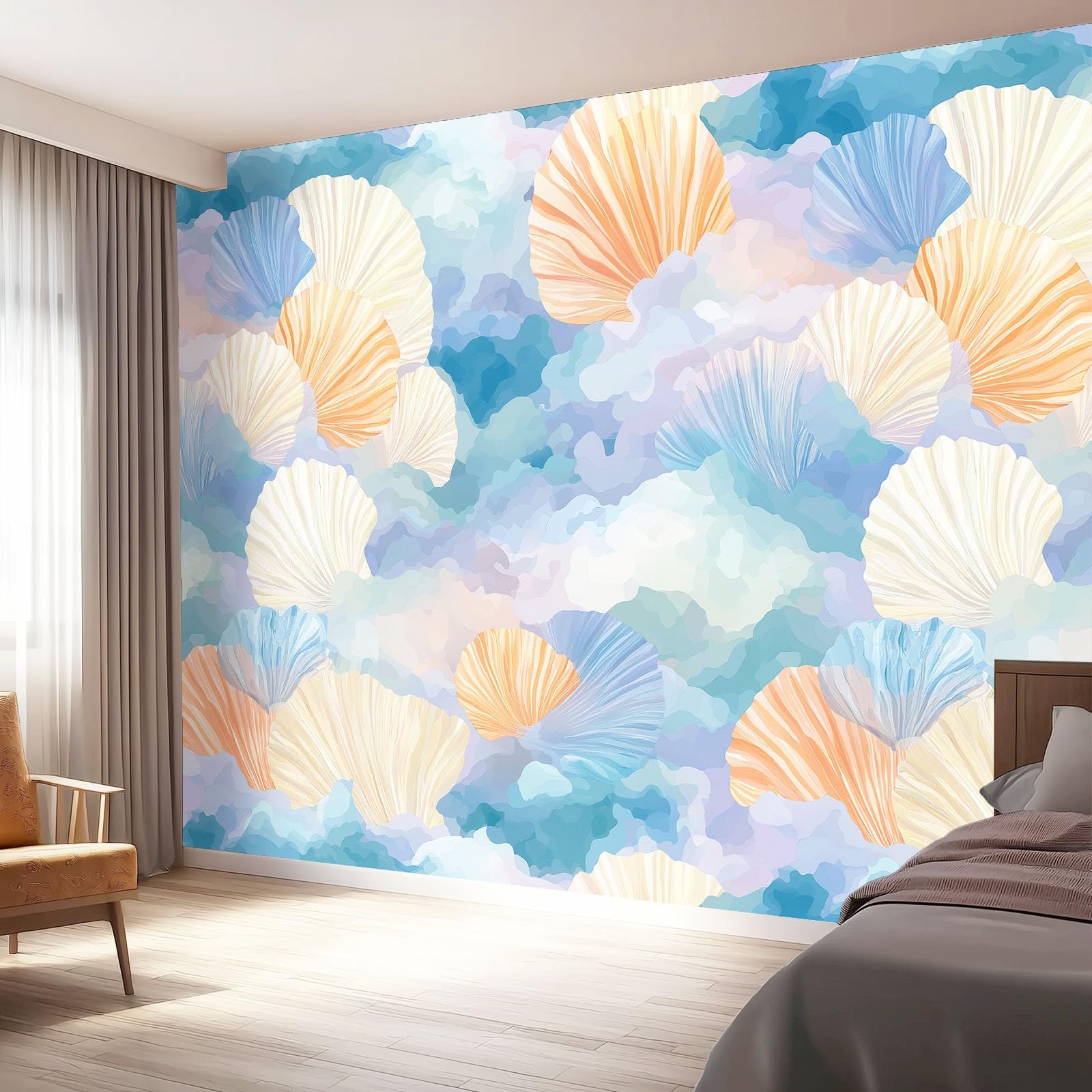 Urocza tapeta akwarelowa muszla 400 x 280 cm, plakat na ścianę fototapeta dekoracja ścienna salon sypialnia pokój dziecięcy dla dzieci, kolorowy