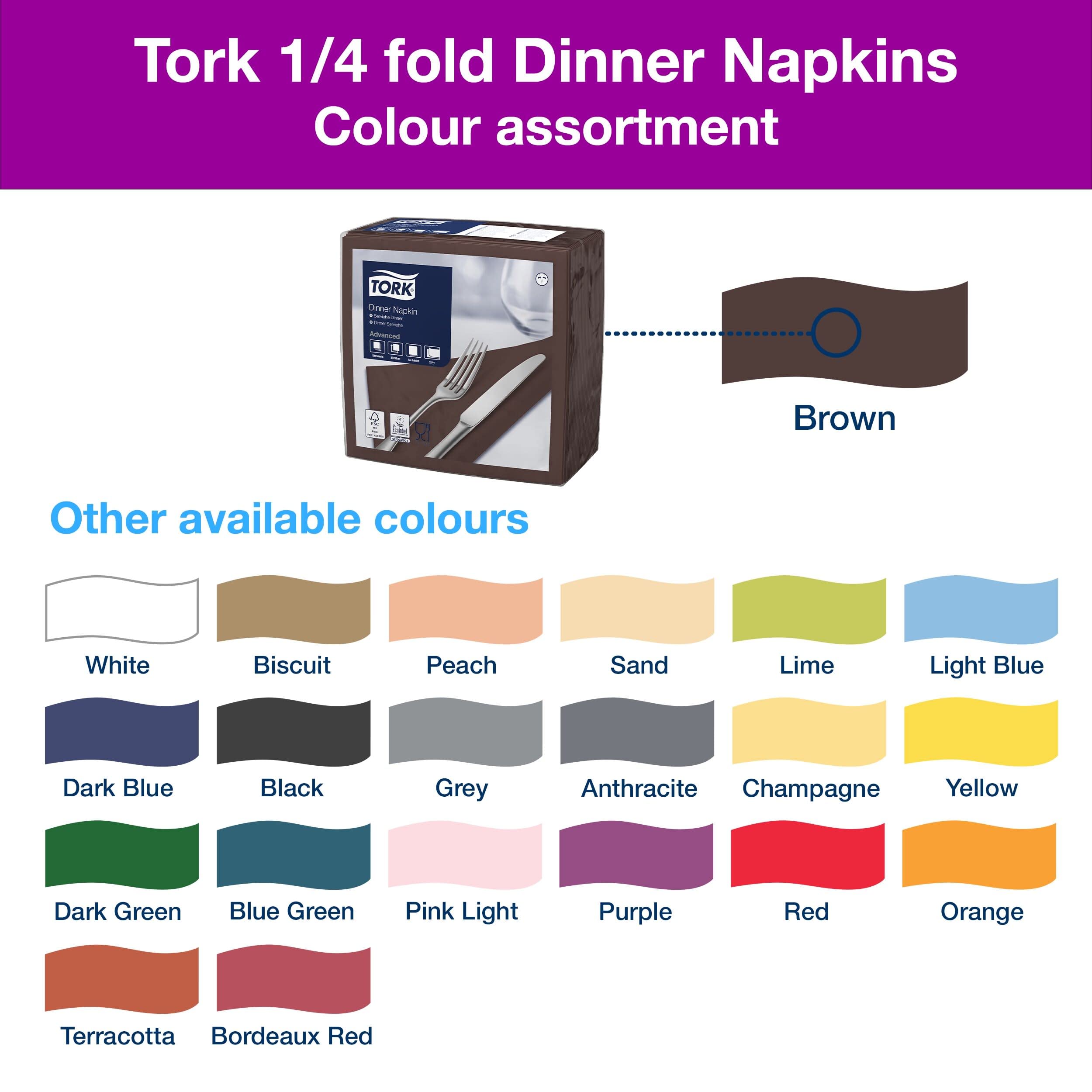 Tork 478765 Tovagliolo Dinner marrone Advanced, 2 veli, piegato in 4, 12 pacchi x 150 tovaglioli (1800 pz), 39 cm (lungh.) x 39 cm (largh.)