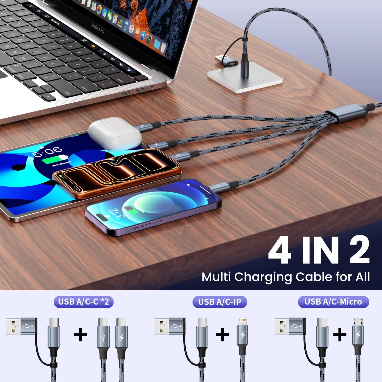 Cavo di ricarica multiplo, 4 in 2, cavi di ricarica per più dispositivi, in nylon intrecciato, universale, cavo di ricarica USB A/C a doppio tipo C/Micro USB/IP per iPhone17/16/15/14/Phone