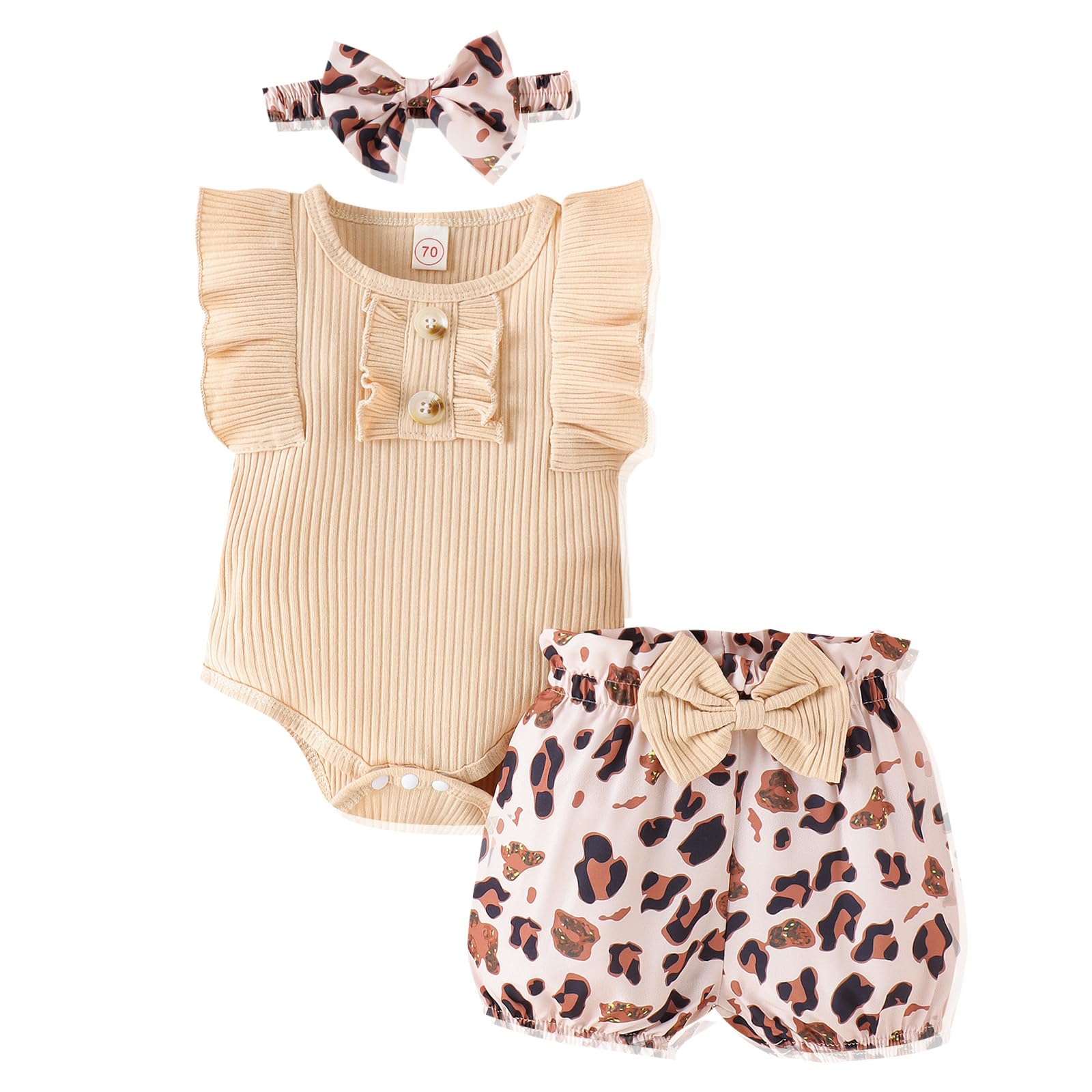 (Size 3-6M) Newborn Baby Girl Clothes Outfits Ruffle Romper and Short Pant Sets with Headband Infant Bodysuits