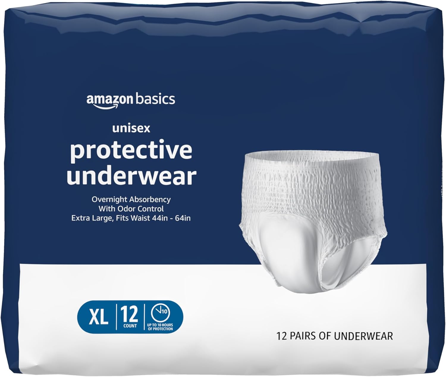Amazon Basics Unisex Protective Underwear, Overnight Absorbency, Extra Large, 12 Count, (1 Pack of 12) GreenCircle Certified: Certified Environmental Facts Label