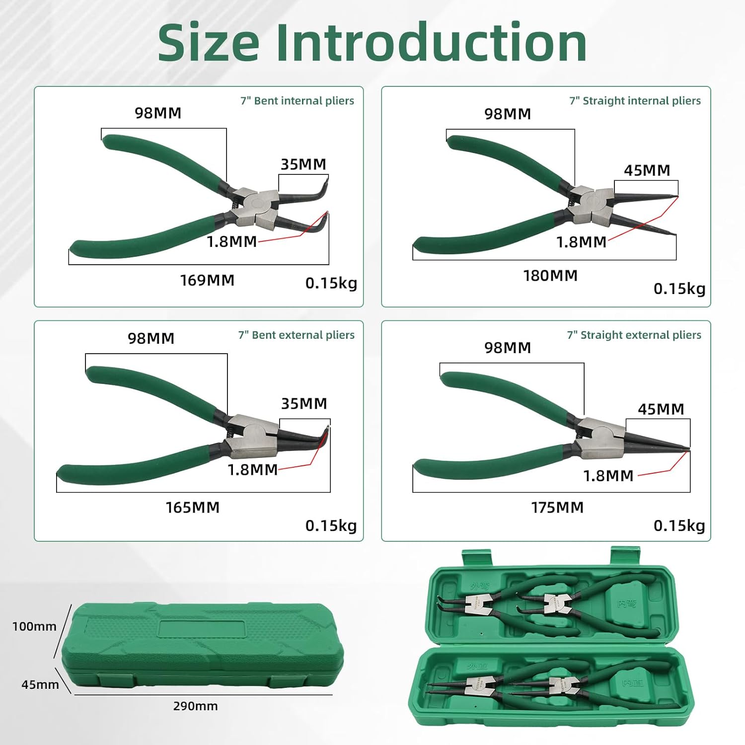 7" Snap Ring Pliers Set, 4Pcs Internal/External Circlip Pliers with Straight/Bent Jaw, Heavy Duty Spring Loaded Circlip Pliers for Ring Remover Retaining and Remove Hoses, Gasket