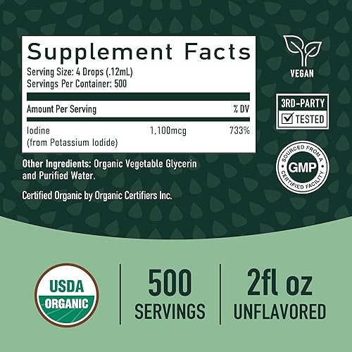 Miniatura 6 de Líquido de yodo orgánico para apoyo tiroideo | Suplementos de yodo naciente | Certificado orgánico USDA | Líquido de yoduro de potasio decolorado