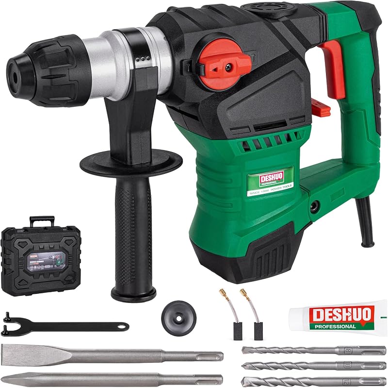 1-1/4" Heavy Duty SDS-Plus Rotary Hammer Drill for Concrete/Masonry | 12.5 Amp Corded Electric 11.5 Lbs 3 Functions Safety Clutch Demolition Rotomartillo w/ 3 Drill Bits 2 Chisels Carrying Case