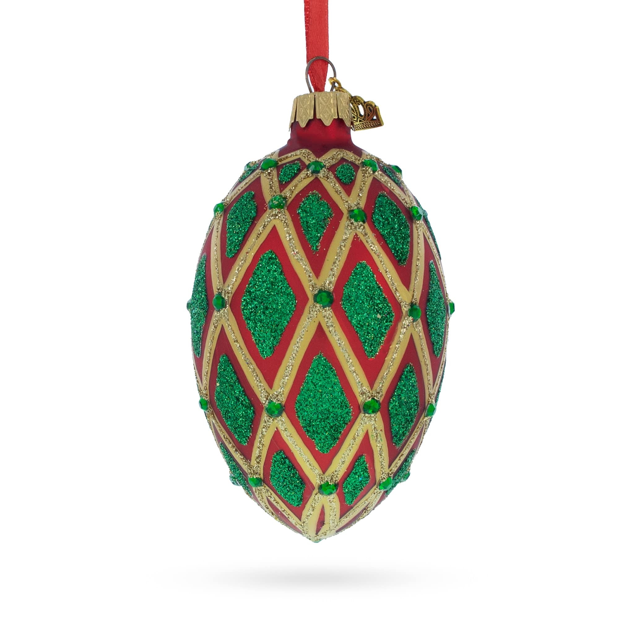 Adorno de Navidad de Huevo de Vidrio Rojo con IKAT Verde Joya de 4 Pulgadas