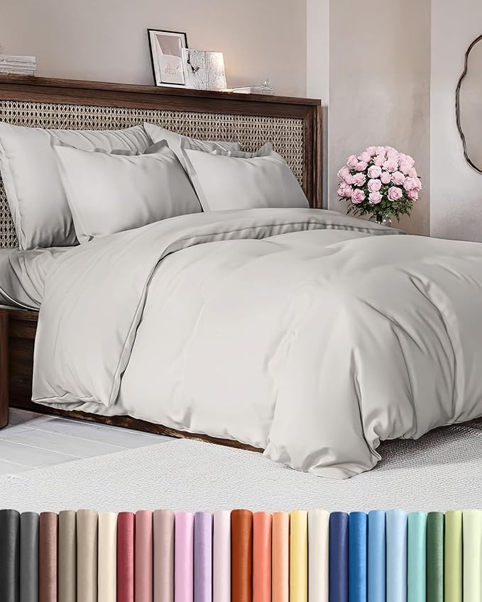Ensemble housse de couette taille reine ultra-doux 90 x 90 cm avec 2 taies d’oreiller — Luxe hôtelier, entretien facile et anti-décoloration, avec fermetures éclair et liens — Literie confortable et respirante (Gris Français)