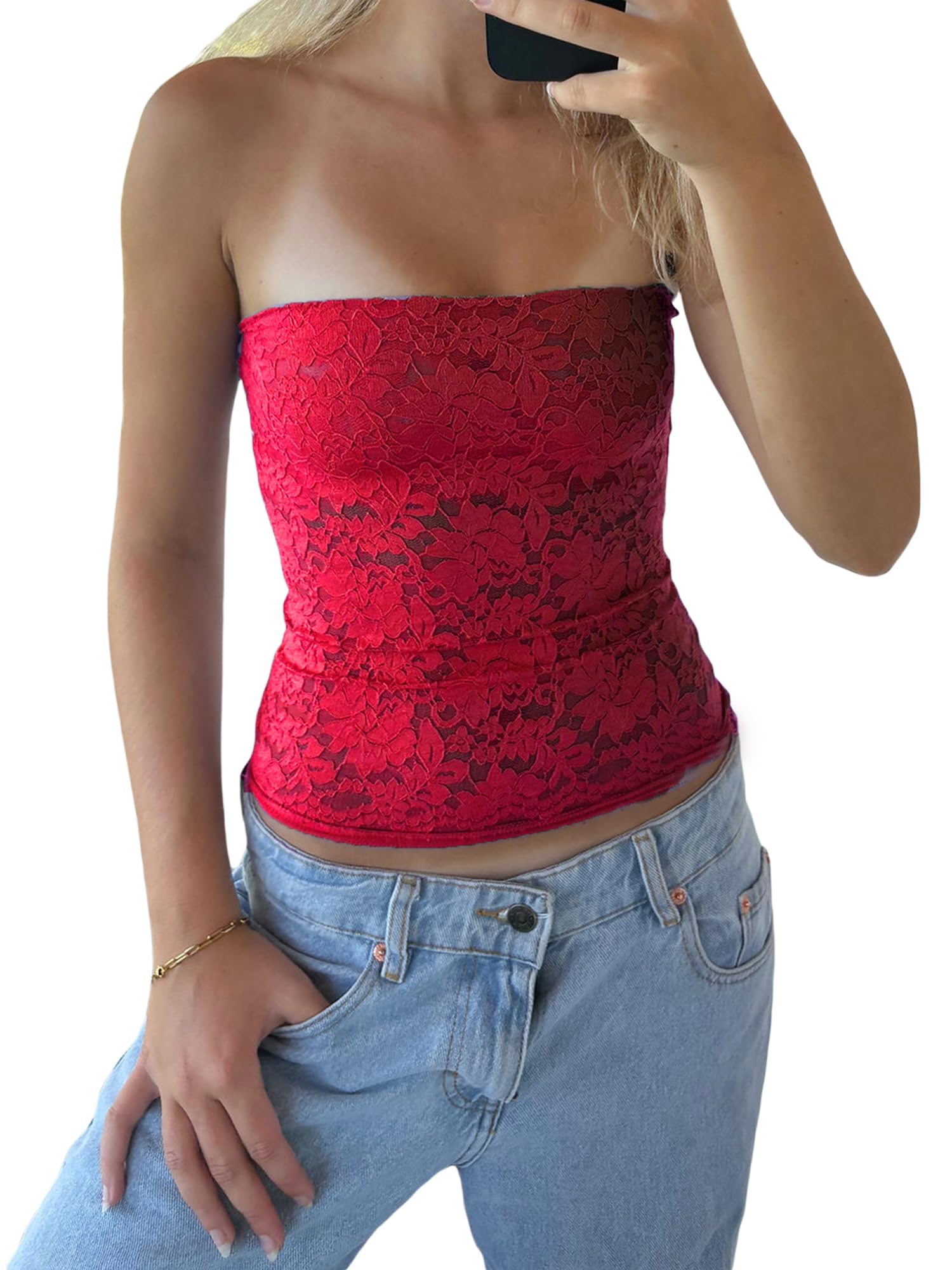 Women Lace Floral Tube Tops Strapless Sheer See Through Backless Shirts Bandeau Crop Tops Summer Vest Beachwear Party Clubwear (Claret Red, S)