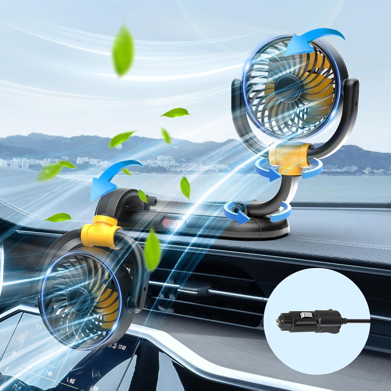 Cigarette Lighter 12V Fan for Car Dashboard | 180° Up Down 360 ° Rotatable - 2 Speed Wind Car Cooling Fan for SUV RV Truck Boat