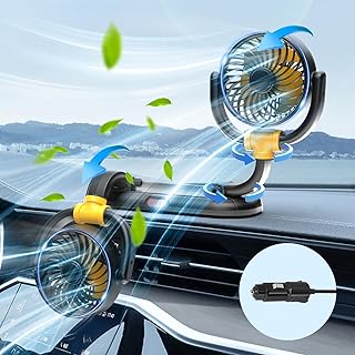 12V Auto Lüfter für Armaturenbrett - Zigarettenanzünder - 180° Auf und Ab, 360° Drehbar - 3-Stufen-Wind Auto Kühlventilator für SUV, Wohnmobil, LKW, Boot - 12V Doppelkopf