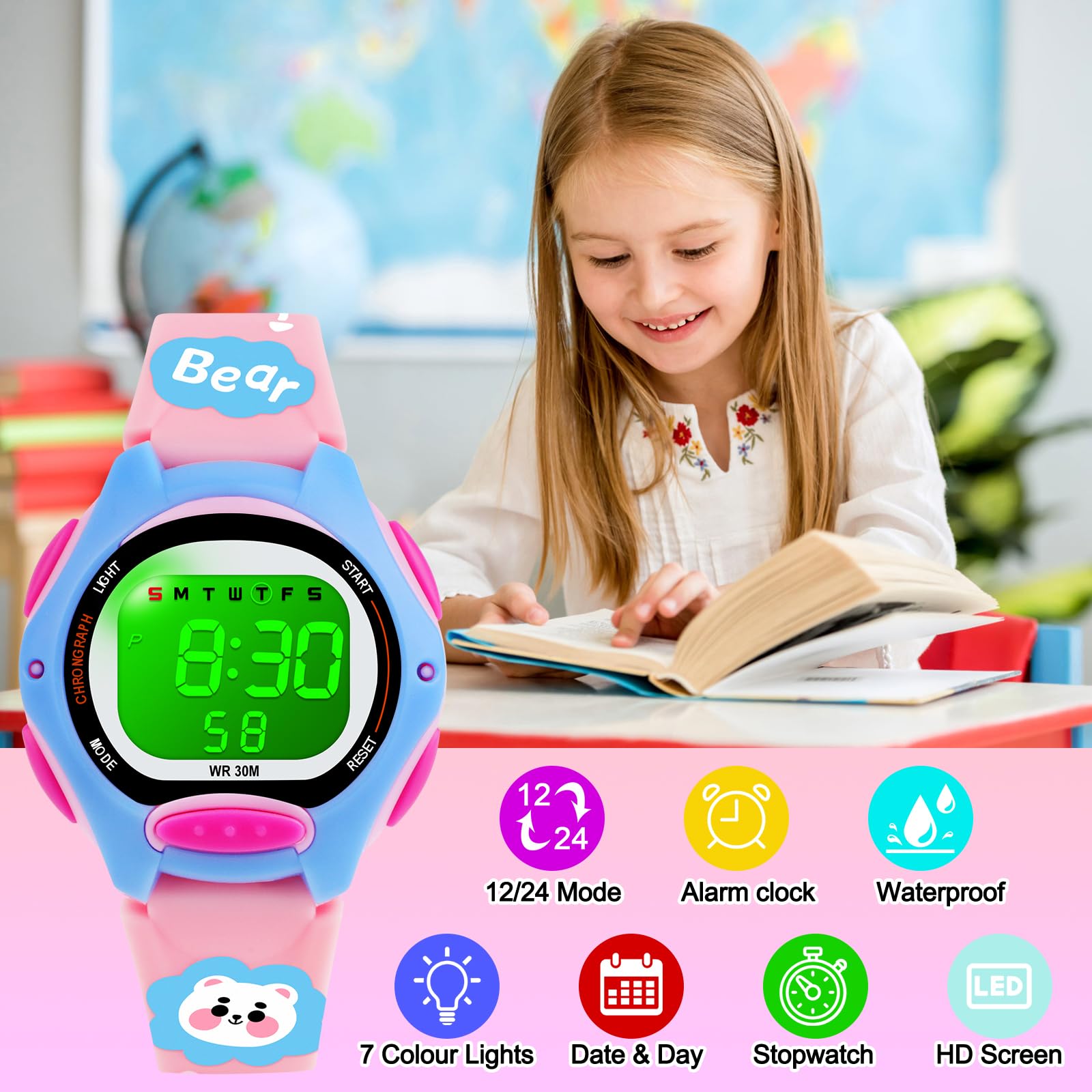 DTKID Reloj Digital para niños y niñas, 7 Colores, LED, Reloj de Pulsera para niños con Alarma, cronómetro, Fecha, Resistente al Agua, Impermeable, para Exteriores