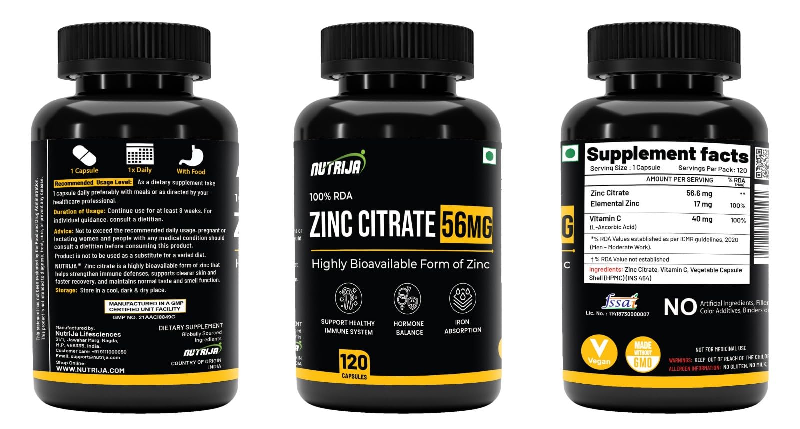 NutriJa Zinc Citrate 56mg (17mg Elemental Zinc) with Vitamin C 40mg | Immune Support, Skin & Hair Health | 120 Veg Capsules — Amazon image 4