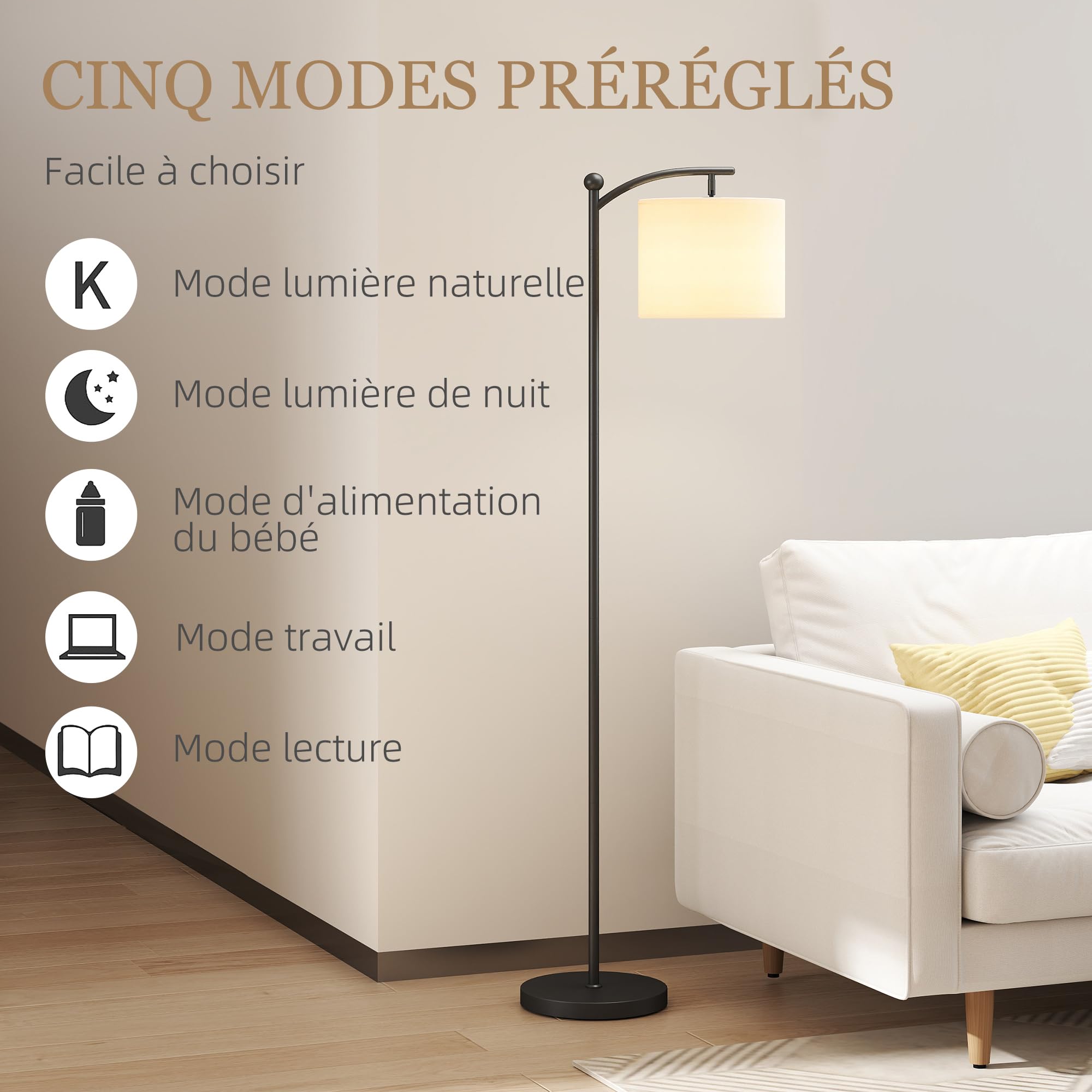 HOMCOM Lampa stojąca, do salonu, nowoczesna, możliwość ściemniania, 2 temperatury barwowe, pilot zdalnego sterowania, 60 minut, timer, do salonu i sypialni, 160 cm, czarna