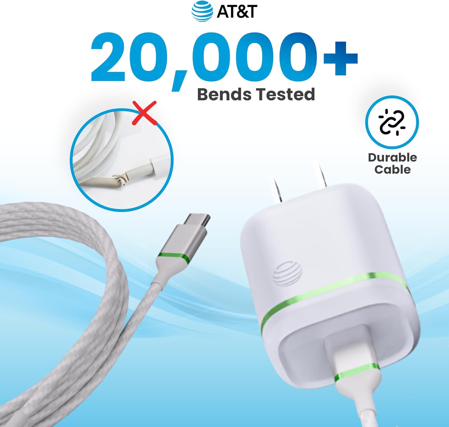 AT&T Travel USB-C Charger with USB-IF 4ft Cable - 30W PPS PD Fast Charging Block for iPhone 16, Pixel 8, iPad Pro, MacBook Air, Galaxy – Compact, Foldable Plug, Safe Overnight Use - White