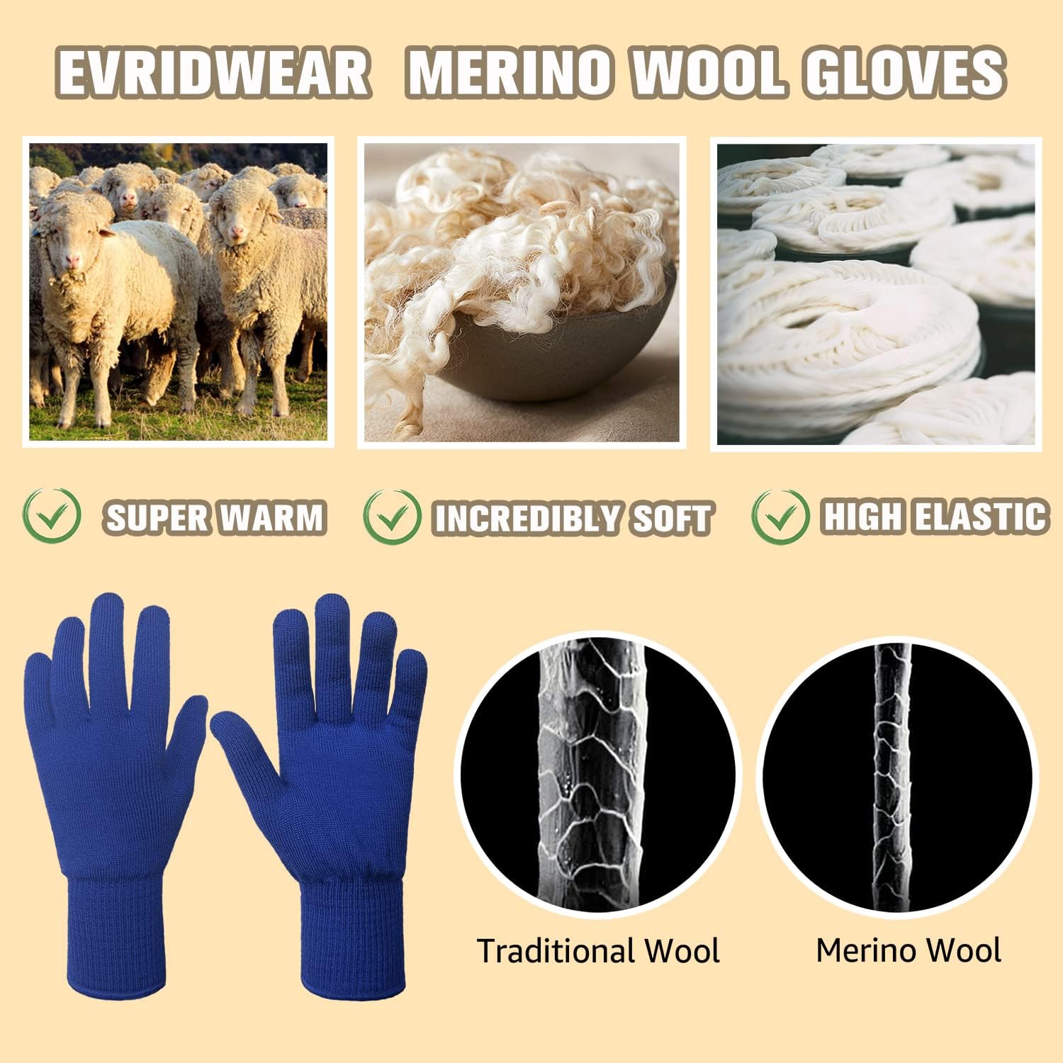 Evridwear Men Women Merino Wool String Knit Liner Warm Gloves 4 Sizes and Colors - Image 3
