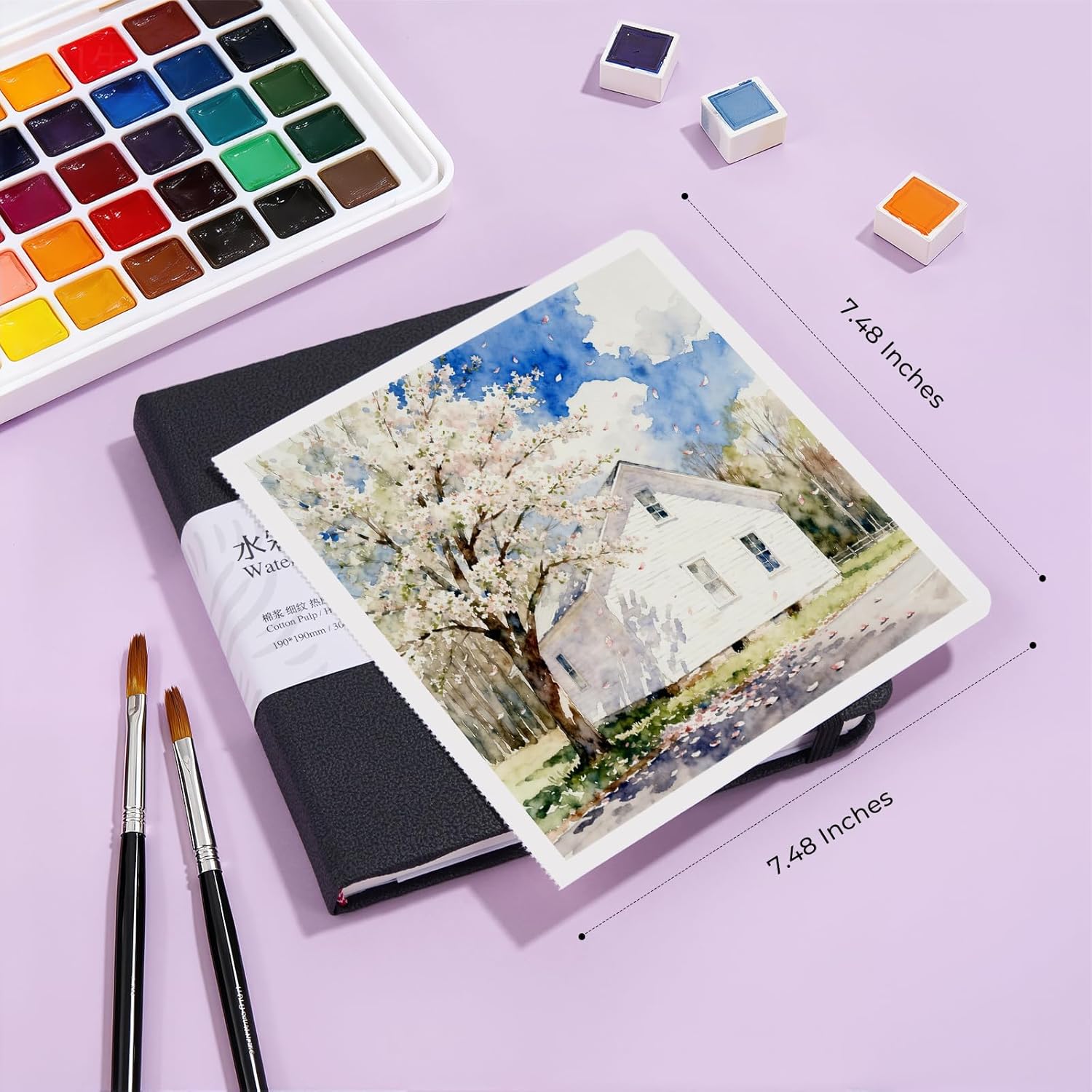 Paul Rubens Square Watercolor Journal, 100% Cotton Acid-Free Hot Press Watercolor Sketchbook 7.48 * 7.48 Inches, 140lb/300gsm,20 Sheets for Watercolors, Gouache, Acrylics