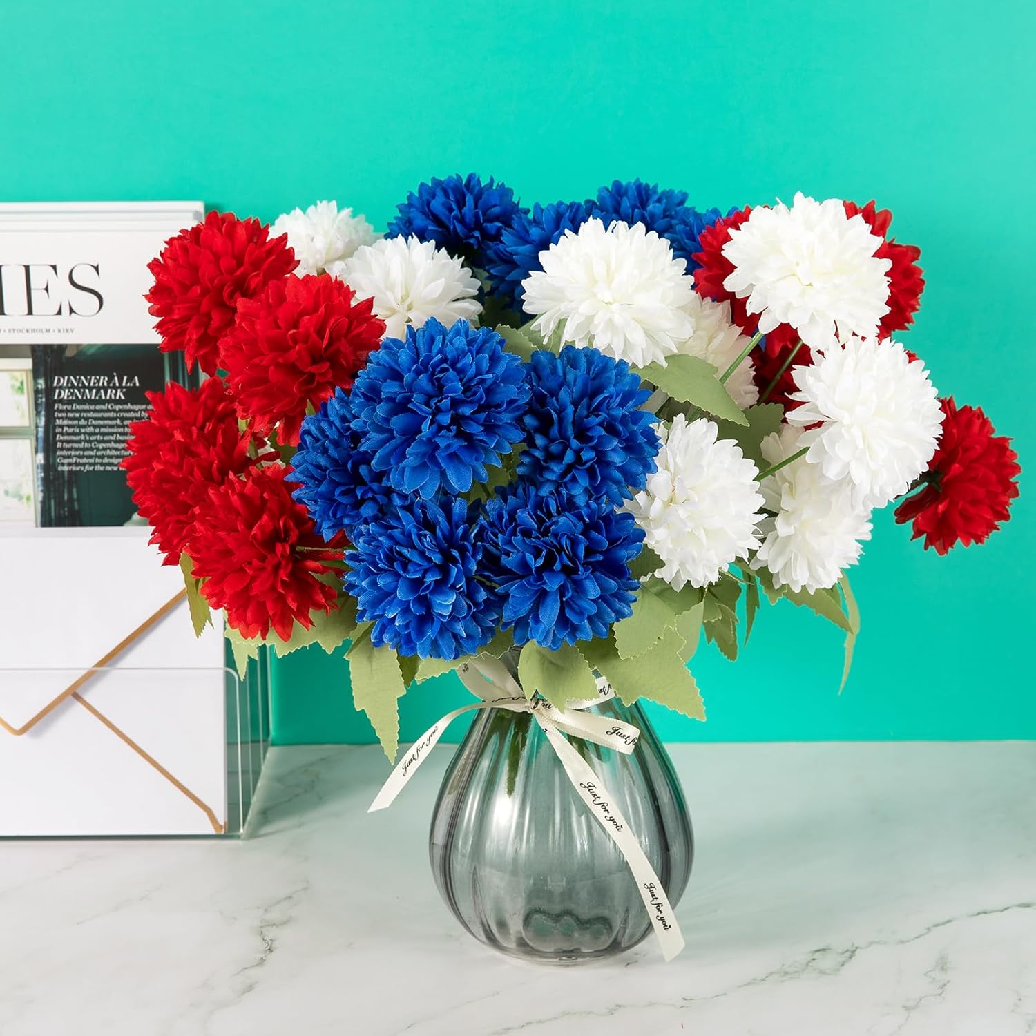 Artificial Marigold Flowers, 6 Pack Patriotic Flowers Bouquet with 36 Silk Flower Heads for 4th of July Memorial Day Table Centerpiece Vase Decor - Red, White, Blue