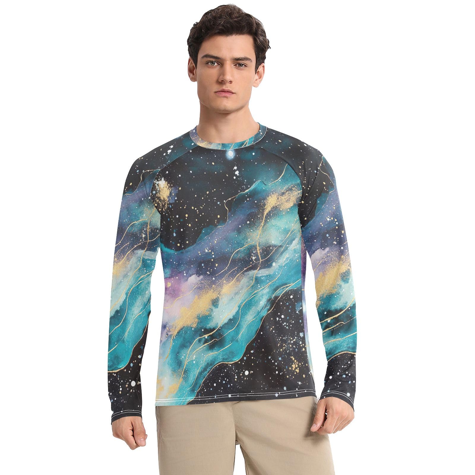 CHIFIGNO Mens UPF 50+ UV Protection Rash Guard Men Quick Dry Men's Rash Guard Long Sleeve Athletic Workout Tshirts, Teal Purple Gold Galaxy, X-Large