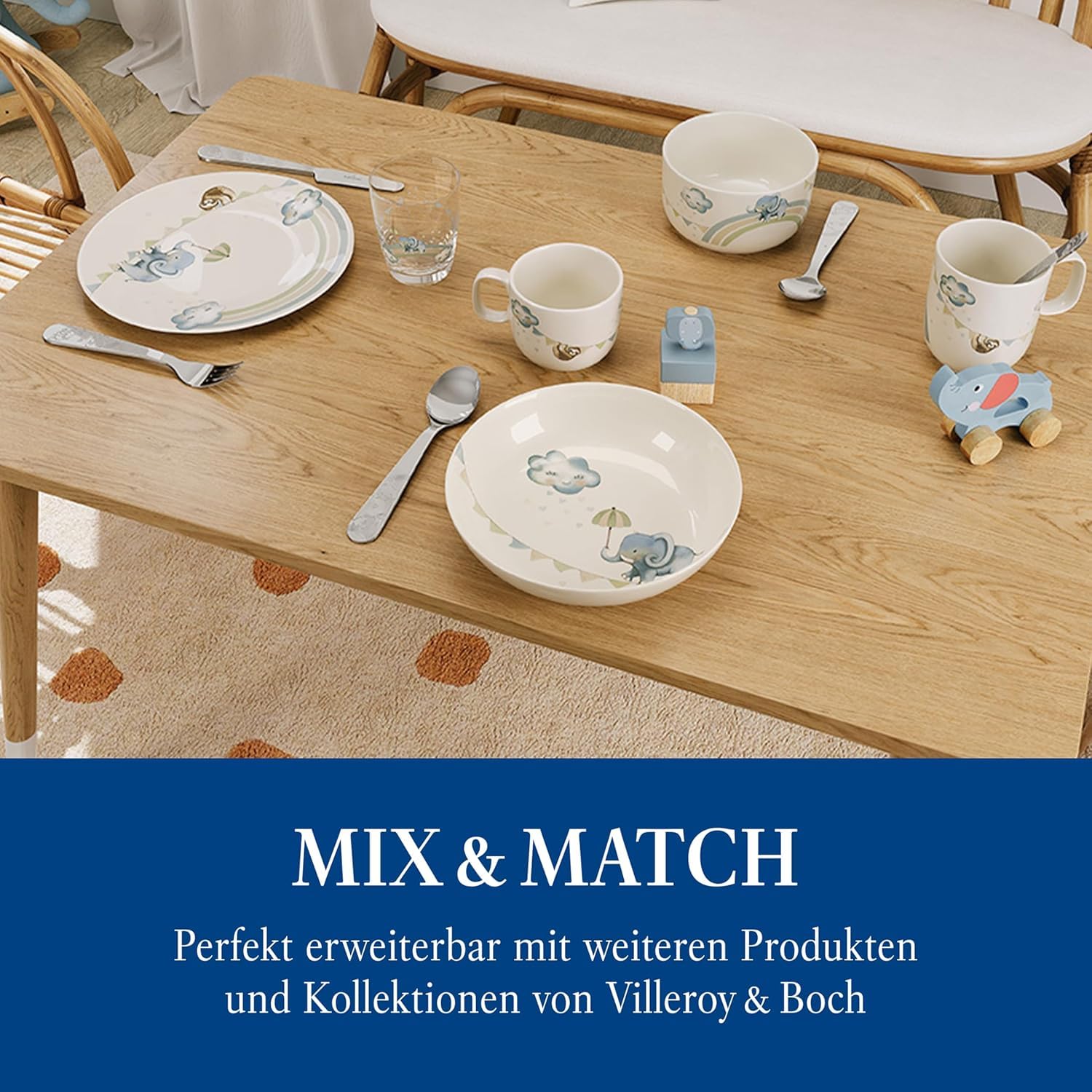 Villeroy & Boch – Boho Kids "Walk like an elephant" Kindergeschirr-Set 7 teilig, Spülmaschinenfest, Mikrowellensicher, Geschirr Besteck Set Kinder, Tiermotiv Elefant und Faultier, Premium Porzellan