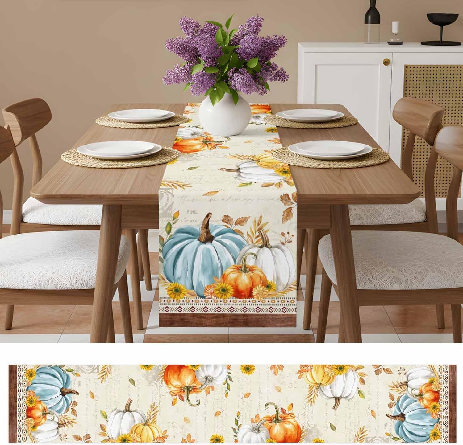 Fall Table Runner 13x108 Inches Long Pumpkin Maple Leaves Table Runners Cotton Linen Sunflower Wood Grain Autumn Dresser Scarf Kitchen Dining Table Decor for Harvest Thanksgiving Holiday Party Coffee