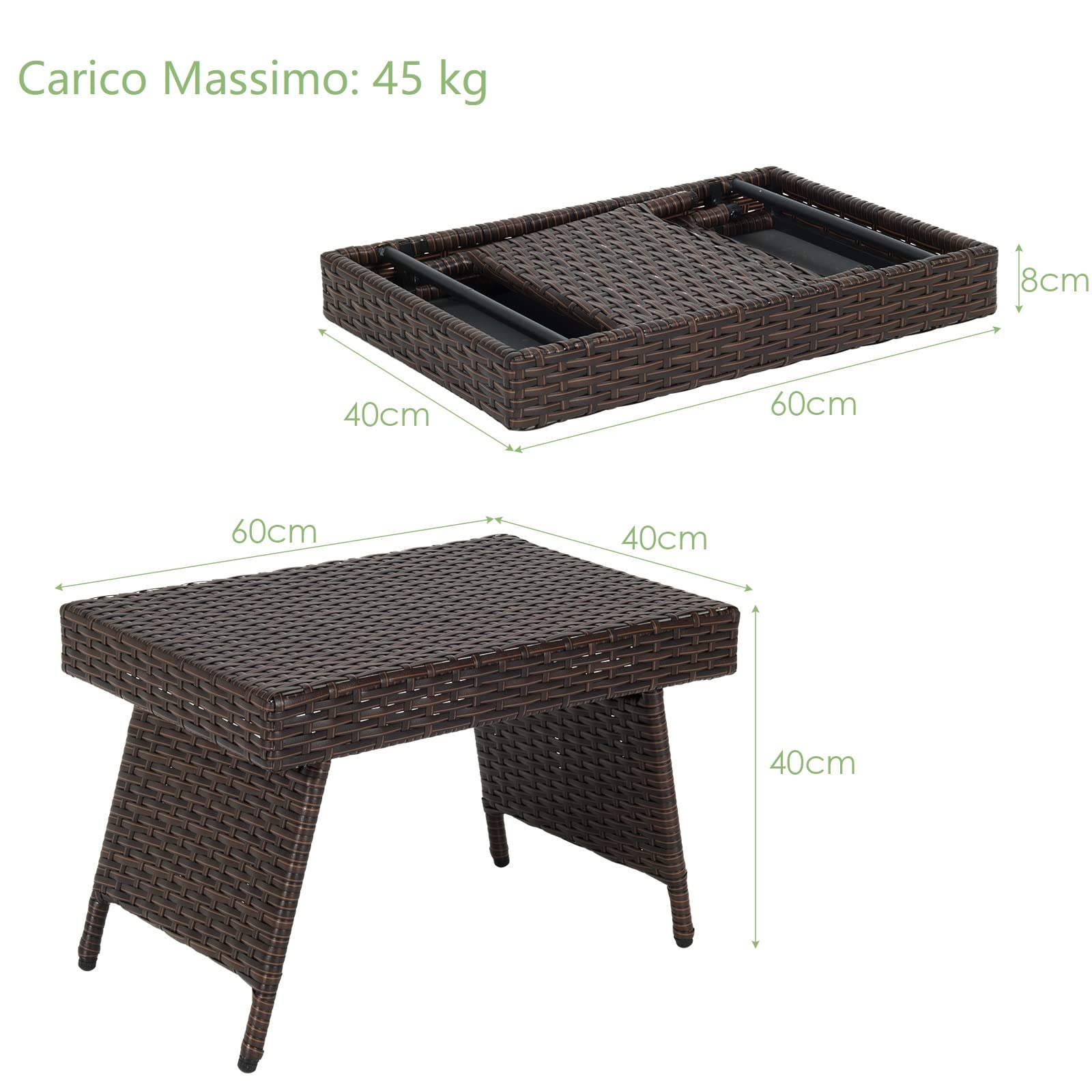 GYMAX Tavolino da Esterno in Rattan, Tavolino Basso e Pieghevole, Tavolino da Caffè Richiudibile, Moderno e Elegante, Ideale per Balcone, Giardino e Cortile, 60 x 40 x 40 cm, Marrone