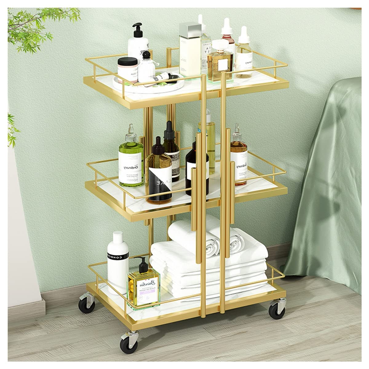 Carrito utilitario de 3 niveles con estantes de mármol blanco que ahorra espacio, carrito de servir para salón, hogar y hotel, elegante para una fácil instalación y movilidad