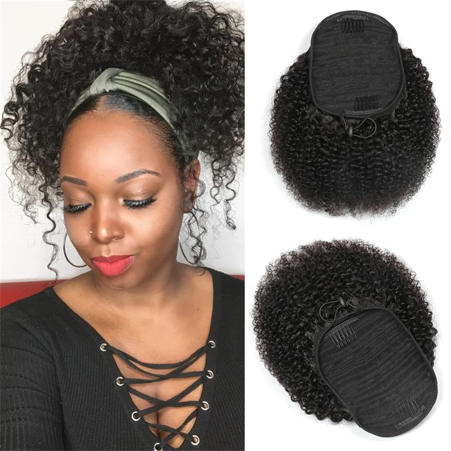 Afro Puff Drawstring Ponytail Remy Hair Extension Afro Kinky Curly 100 Grams Black 8 Inches Natural Color Real Human Hair for Girls and Women