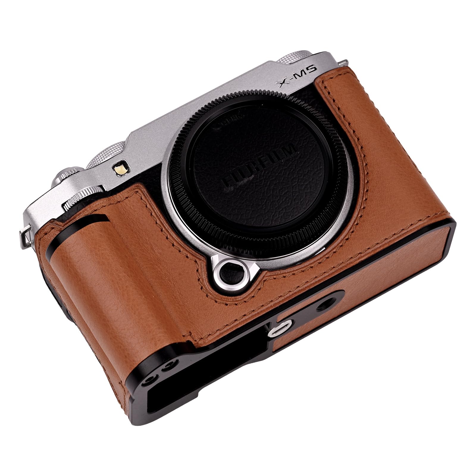 Uchandmade Handmade Genuine Leather Camera Half Case for Fujifilm X-M5/Fujifilm X-M5 Camera Case/Fujifilm X-M5 Case - Top Layer Cowhide Body + Metal Base Plate+ Hand Shank Design (Brown M-BOX)