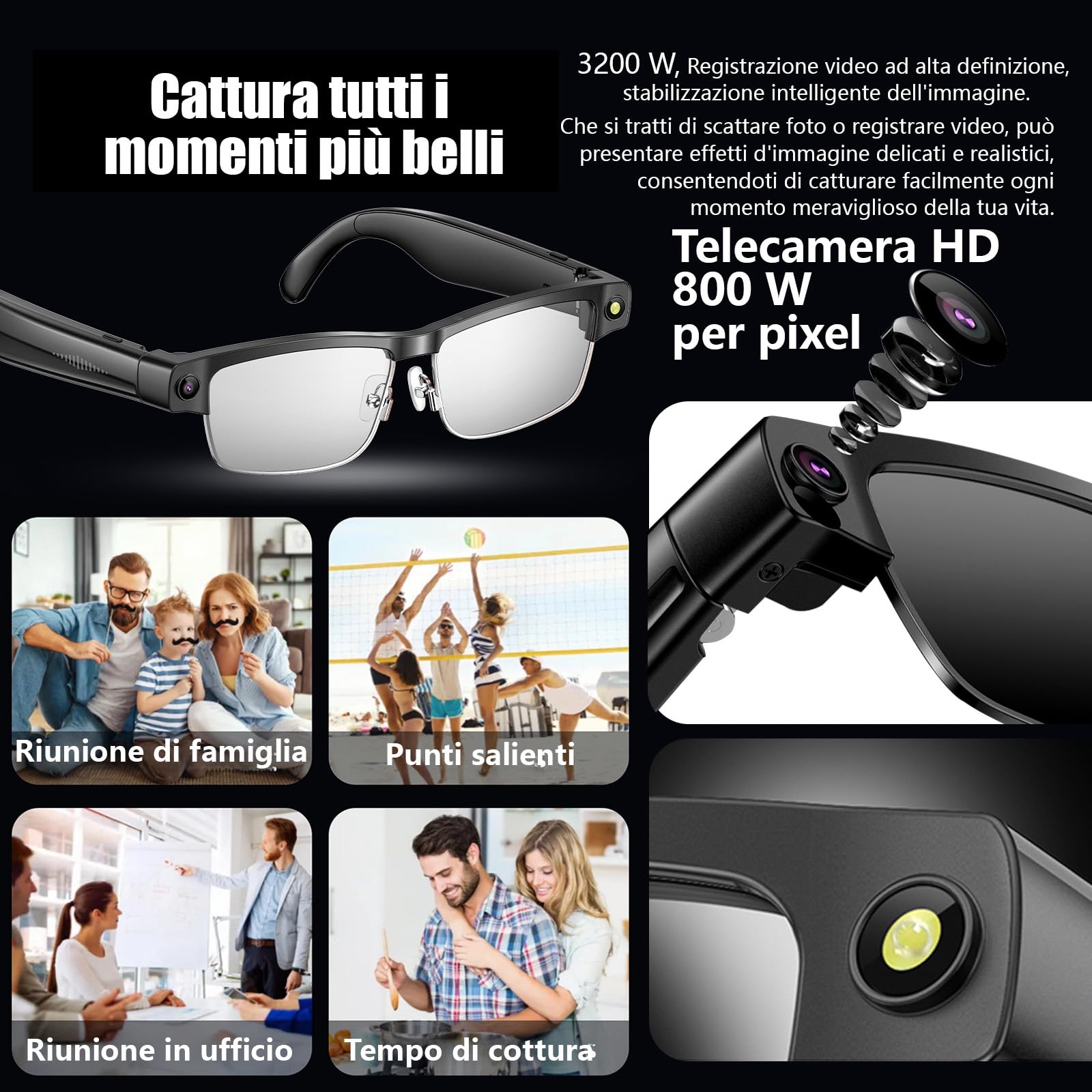 Occhiali Intelligenti AI con Fotocamera 4K, 8MP HD Video Anti-Vibrazione/GPT Vision/Comando Vocale AI, Chiamate e Traduzione BT Doppio Nitido (L802)