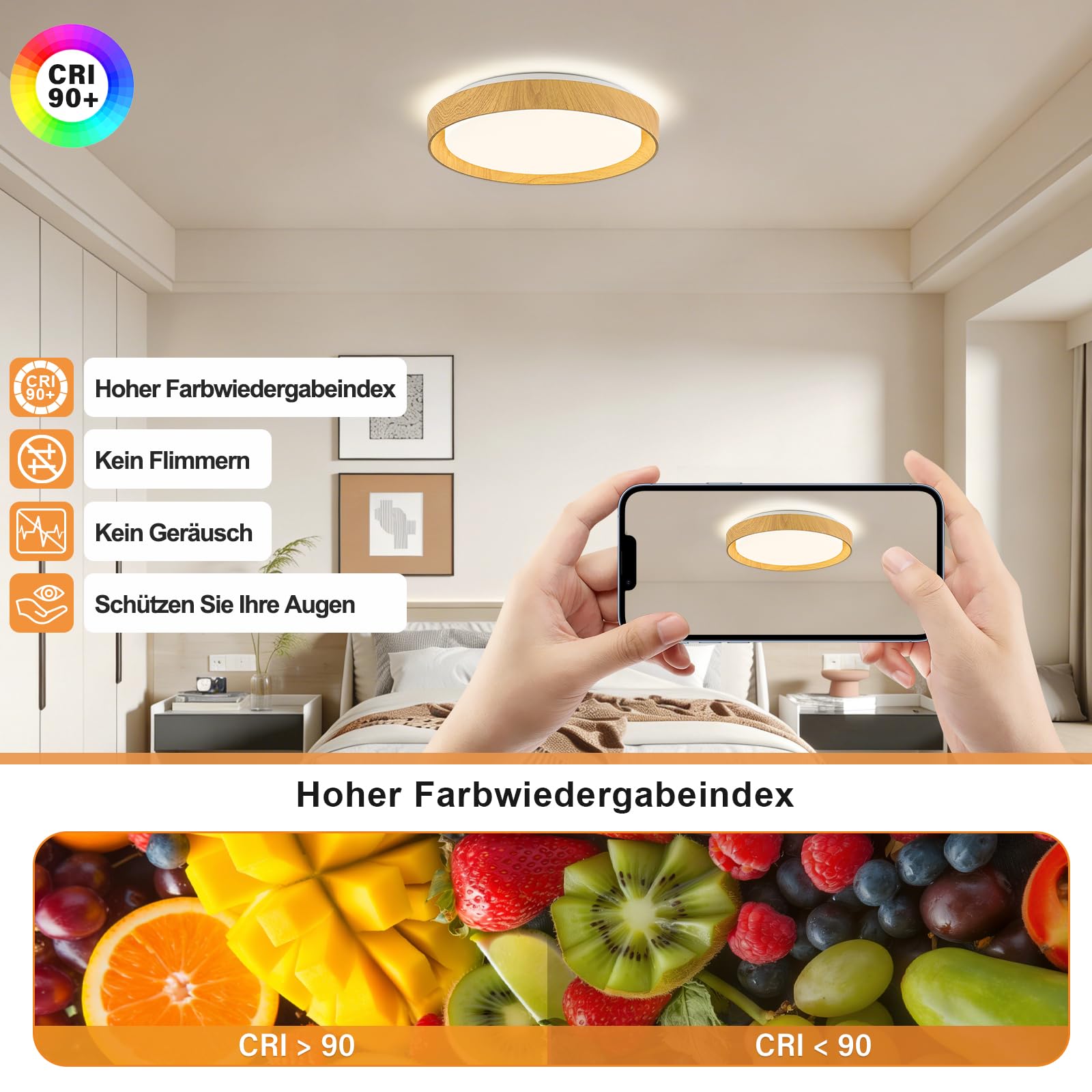 Qamra Plafón LED de Techo, Lámpara de Techo Redondo de 41 cm, Lámpara de Techo Metálica Moderna con Acabado de Madera para Sala de Estar, Cocina, Comedor, Dormitorio, Pasillo, Lavadero, 4000K, 36W