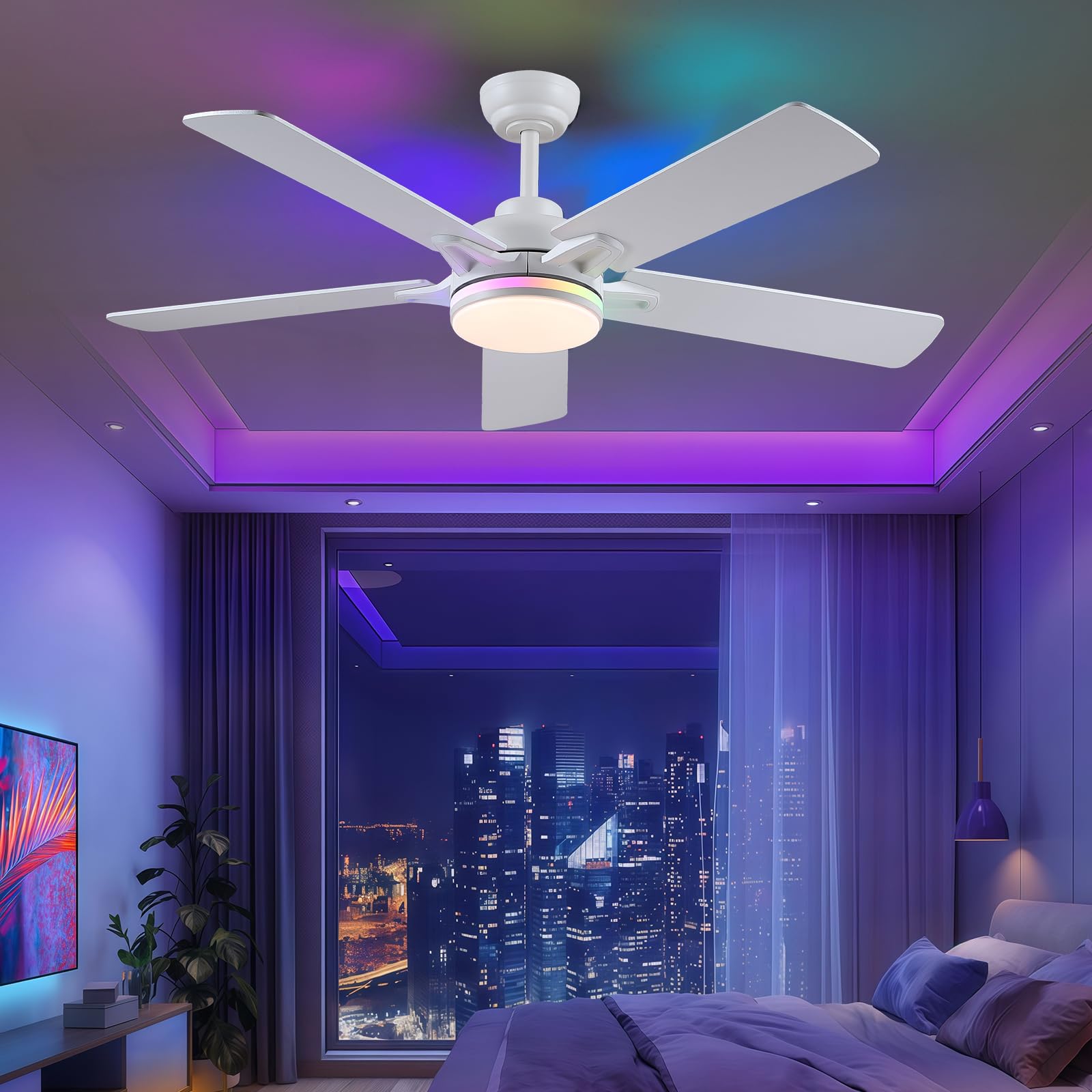Kviflon RGB Ventilateur Plafond avec Lumiere Silencieux 132 cm, Ventilateur de Plafond avec Telecommande et APP, Plafonnier Ventilateur Led pour Chambre Salon, Réversible, Pales en Bois, Blanc