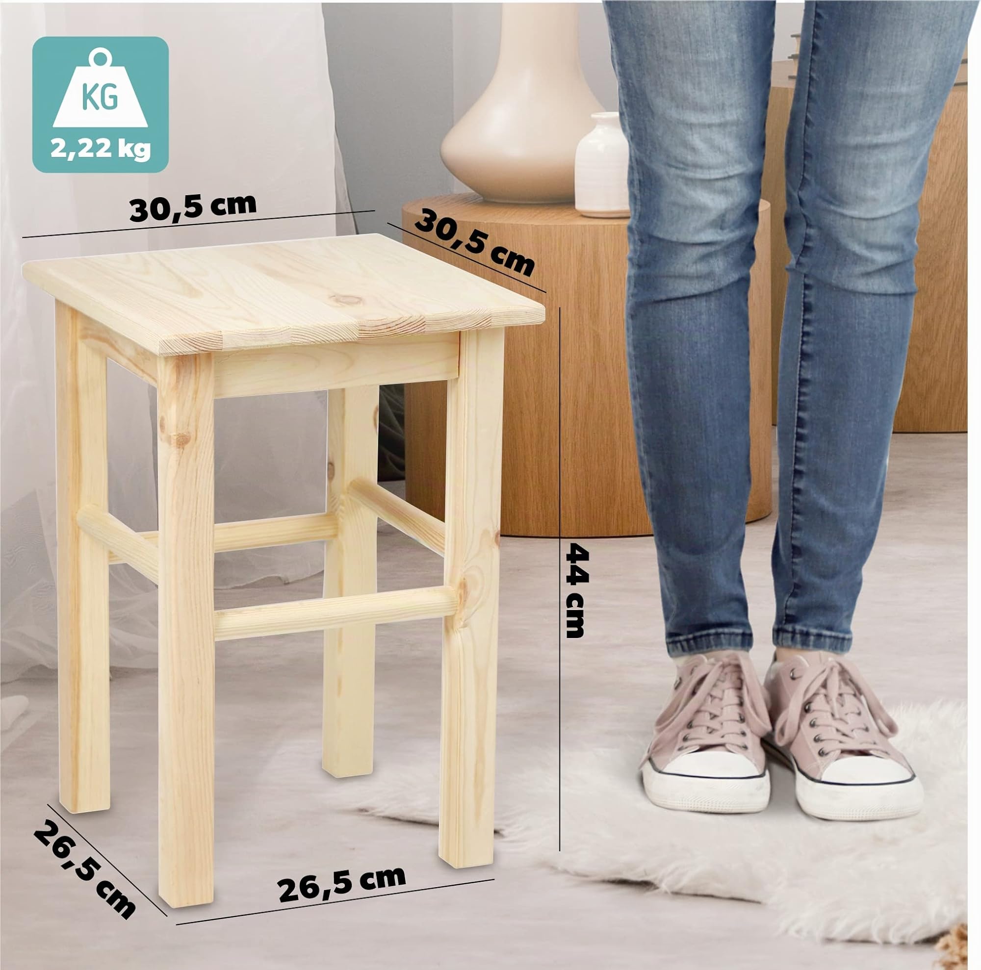KADAX Sgabello Basso in Legno di Pino Naturale con Design Rustico e Seduta Quadrata, Sedia Piccola da Cucina, Bar o Sala da Pranzo (Quadrato)