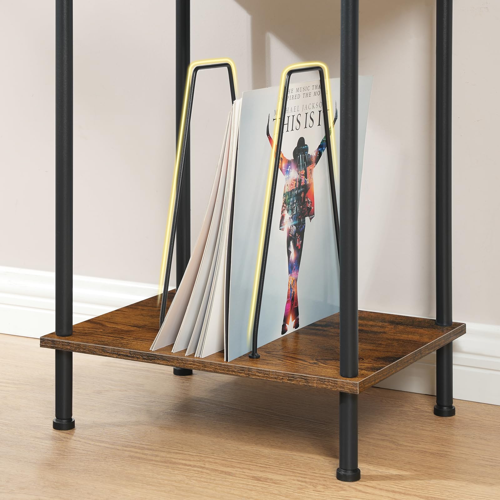 HOOBRO Mueble Tocadiscos de 3 Niveles, Mesa para Discos de Vinilo con Separador Extraíble, para Discos, Mesa Auxiliar de Estilo Industrial, para CD, Álbumes, Marrón Rústico y Negro EBF02RS01
