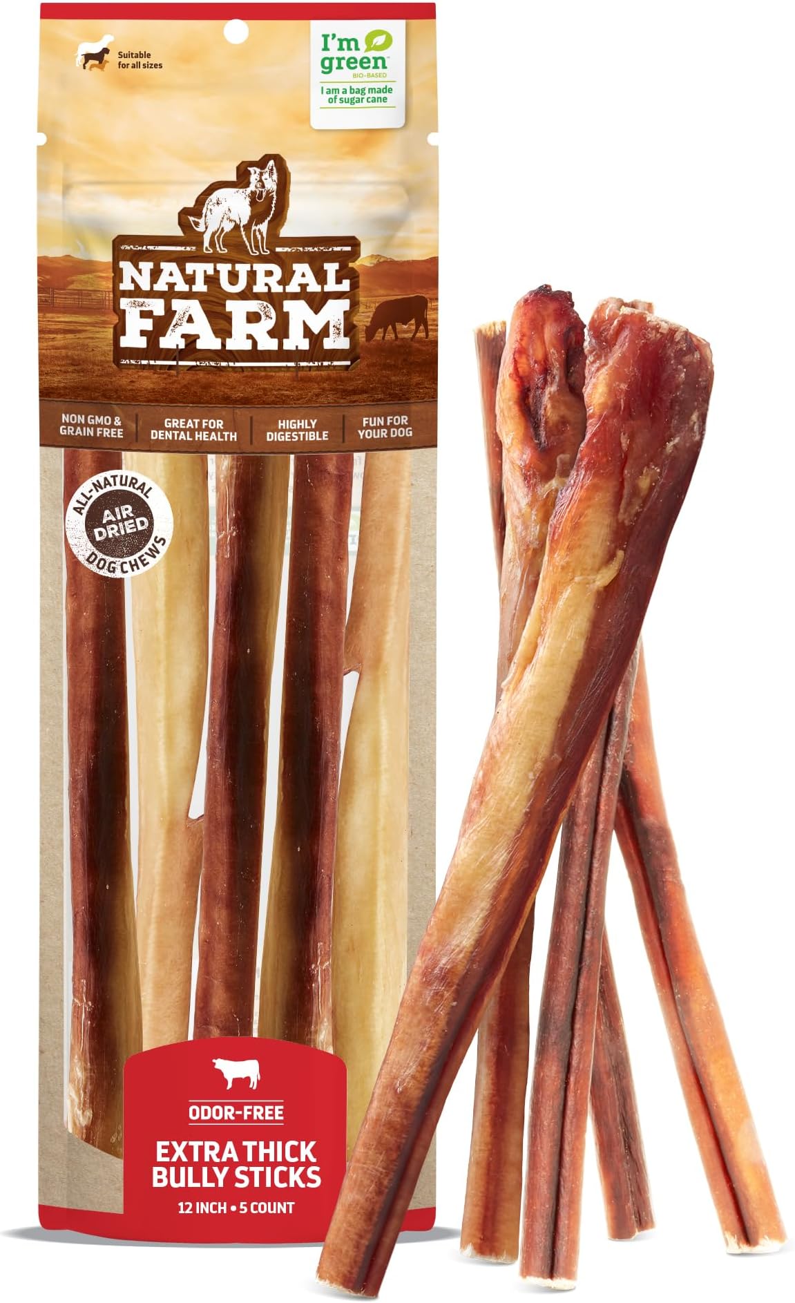 Natural Farm Odor Free Jumbo Bully Sticks (12 Inch, 5 Pack), Extra-Thick Chews for Dogs, Fully Digestible 100% Beef Treats, Supports Dental Health, Keep Your Dog Busy with 50% Longer Lasting Chews…