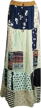 Mogul Interior Women's Beach Summer Skirt Retro Patchwork Bohemian A-Line Gypsy Skirts S/M Green, Blue