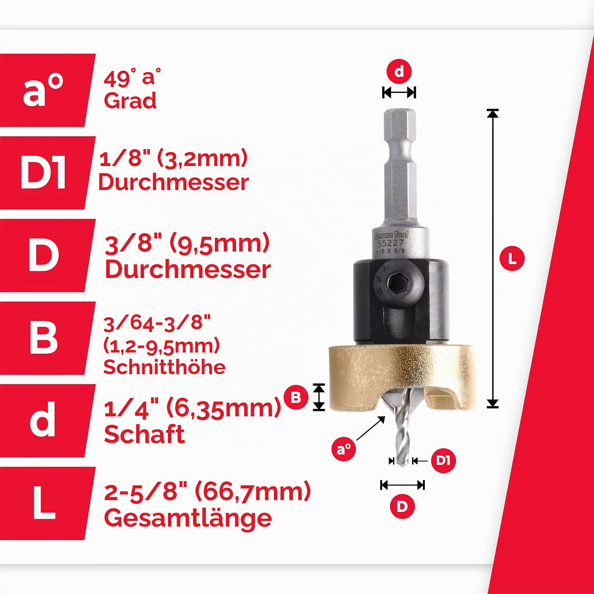 Amana Tool 55227 Kegelsenker-Set mit Hartmetallbestückt, 82 Grad, mit verstellbarem Bohrer-Tiefenanschlag und Kugellager, 3/8 Durchmesser x 1/8 Bohrdurchmesser x 1/4 Zoll Schnellspann-Sechskantschaft
