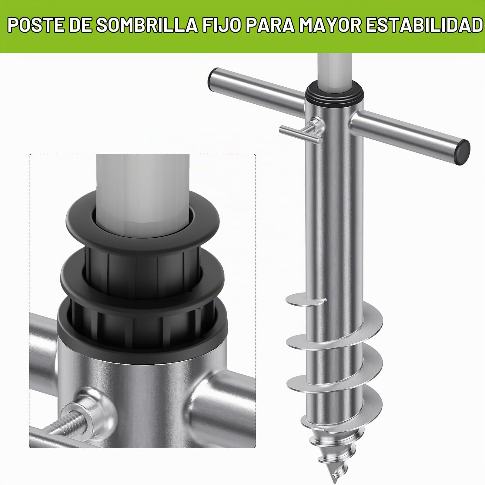 Dolibest - Anclaje de acero resistente para sombrilla de playa, soporte con 3 casquillos para mástiles de 2,5 a 5 cm, estaca cortaviento con base en espiral totalmente soldada para máxima estabilidad