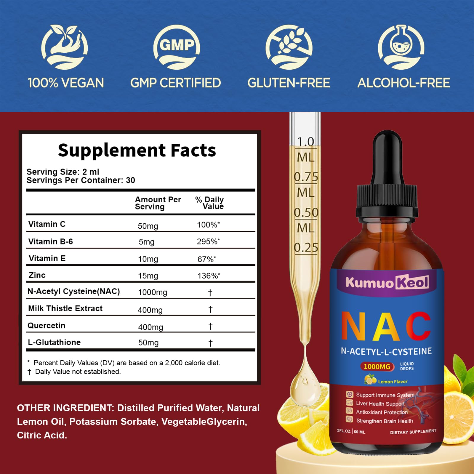 Suplemento NAC N-acetil cisteína líquido, N acetil cisteína 1000 mg gotas líquidas con quercetina zinc para adultos, niños, apoyo a la función pulmonar hepática, antioxidantes, inmunidad, salud de la piel, 2