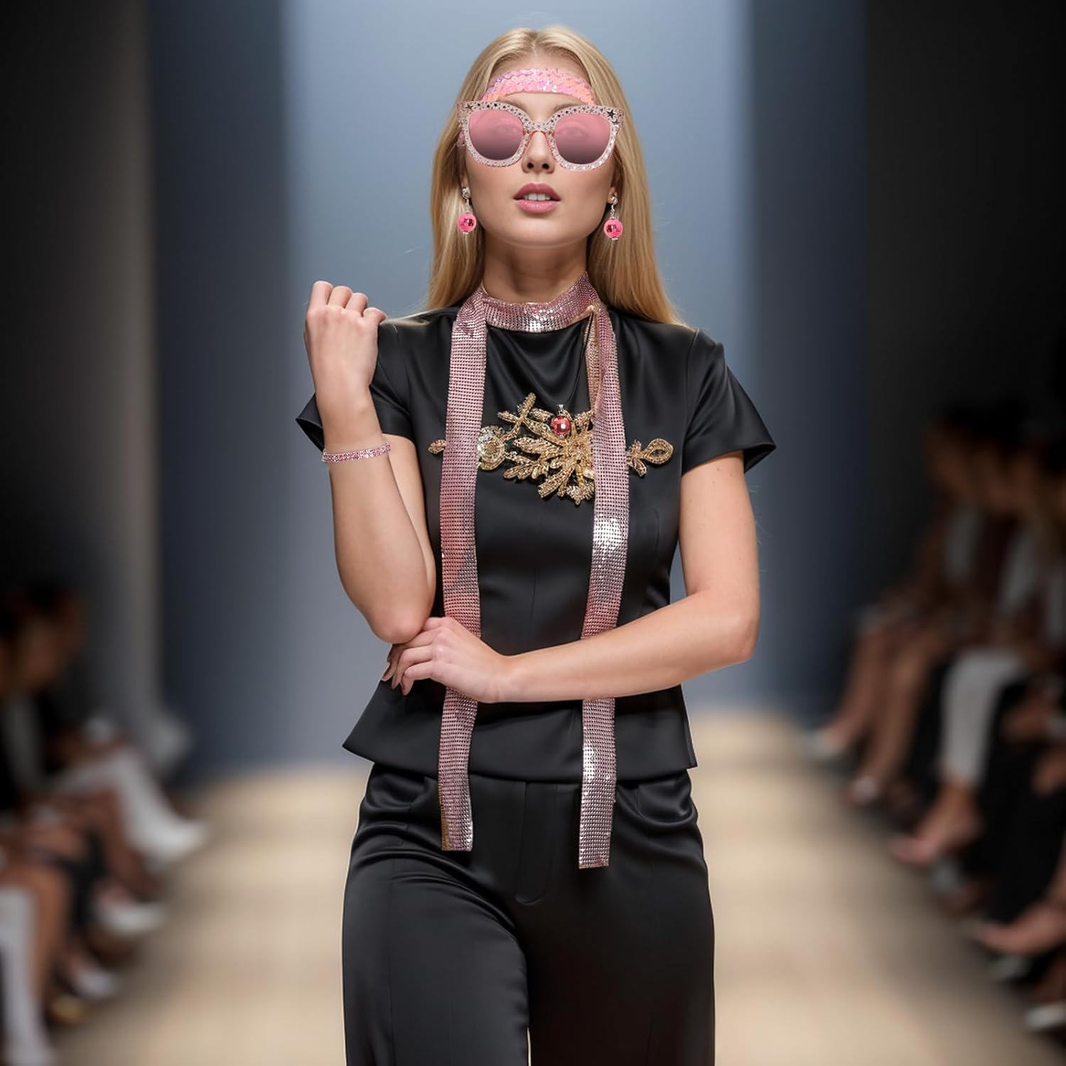 6 Pcs 70s Women Disco Accessories Disco Costume Disco Sequin Scarf Headband Diamond Bracelet Ball Necklace Earring Glasses - Image 2