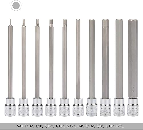 Miniatura 2 de EMENTOL 10 piezas 38" impulsor juego de vasos largos con punta hexagonal, CR-V, acero S2, SAE, longitud 5.9 pulgadas, juego de vasos hexagonales