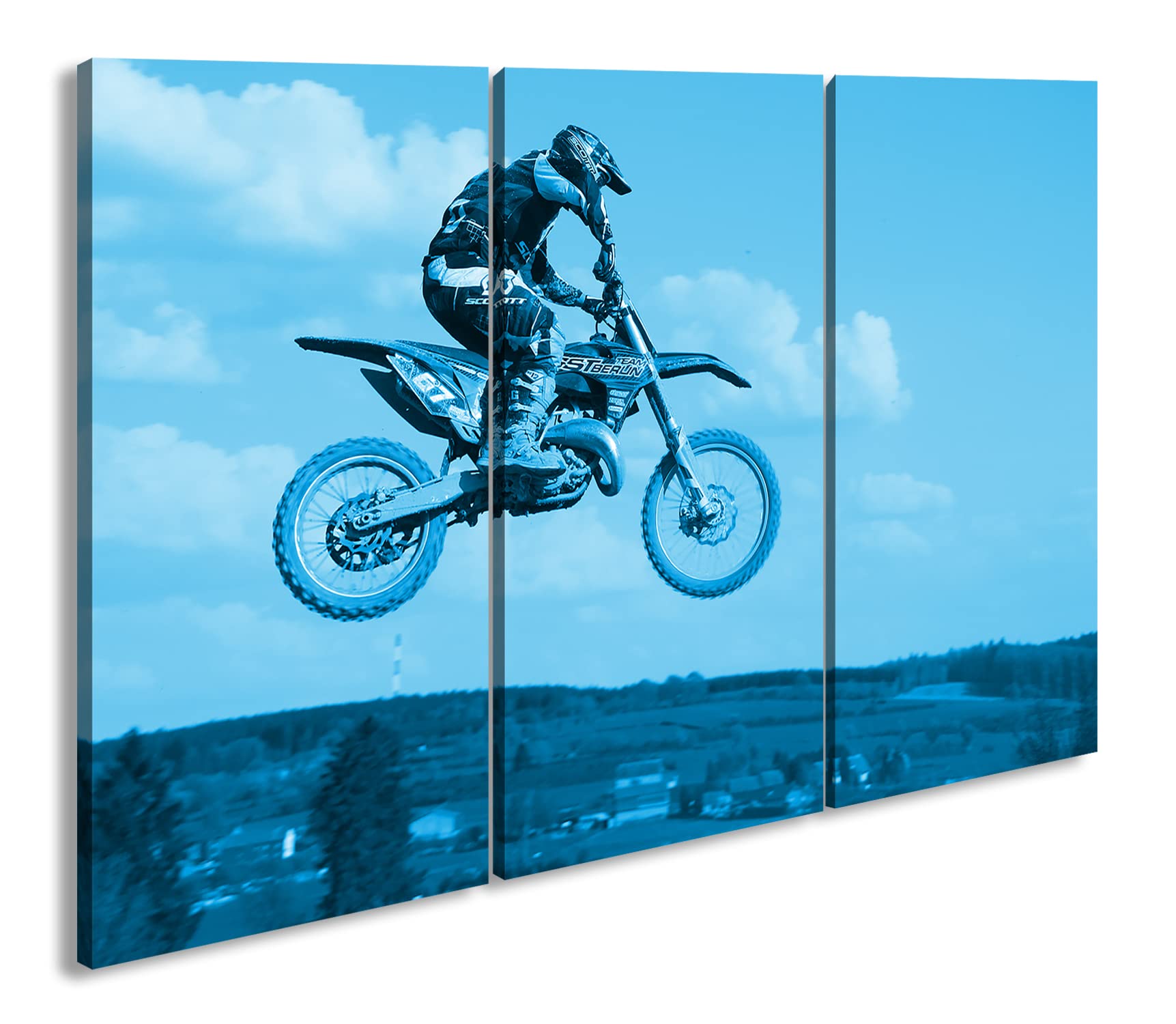 Motocross Stunt Effetto: Disegno su Tela già incorniciata su Cornice in Vero Legno, Stampa Digitale di Alta qualità con Telaio, nessun Poster o Poster, Stampa su Tela, Dreiteilig (120x80)