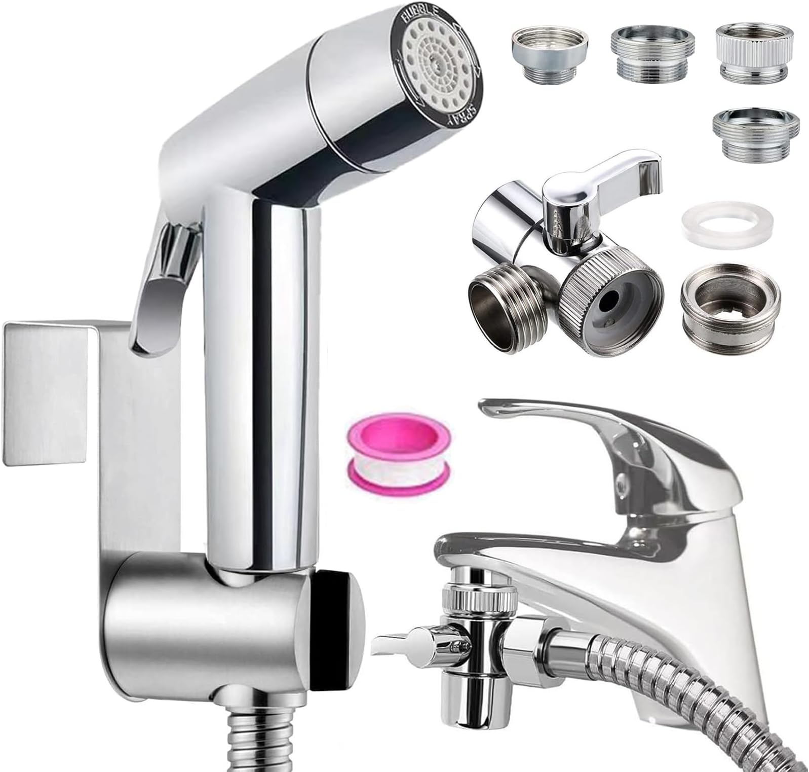 Handheld Bidet Sprayer Toilet Bathroom Douche Cloth Washing Diaper Cleaning Shower Head with 59in Hose and G1/2, 55/64", 15/16" Faucet Adapters, Hair Washing, Dog Shower and More