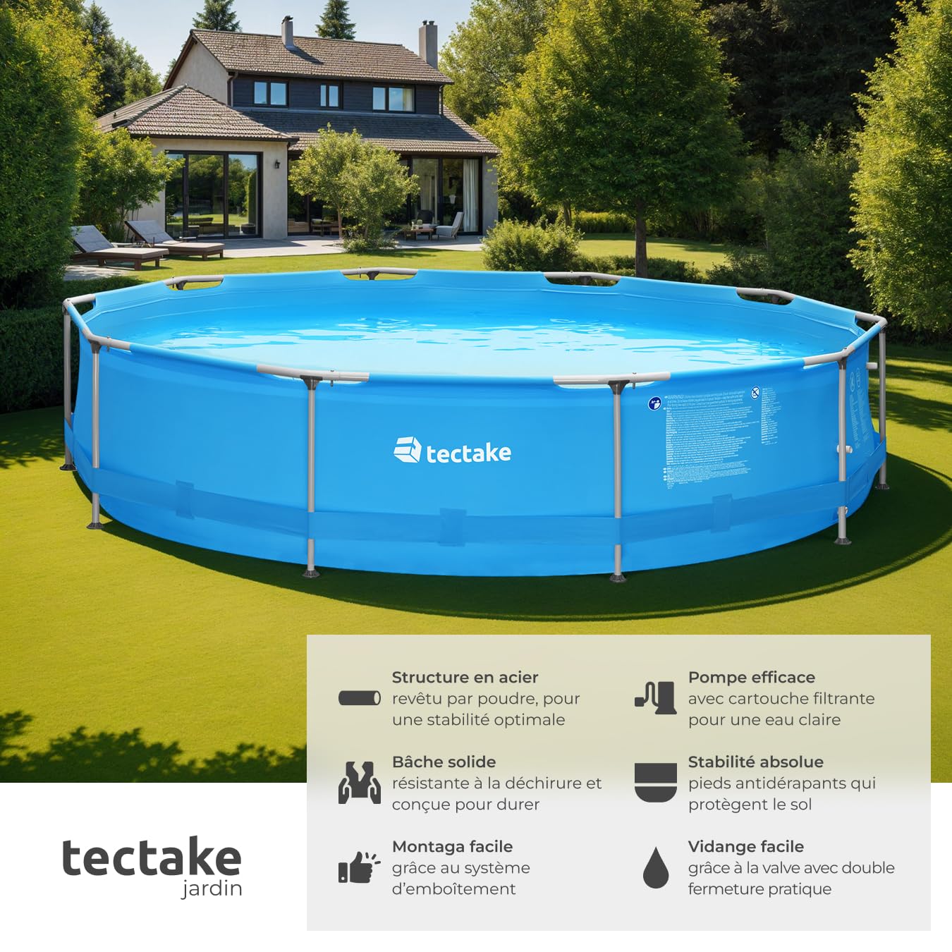 tectake® Piscine Tubulaire Ronde Piscine Hors Sol Ø360 x 76 cm Bleu, Structure en Acier, PVC Résistant aux UV & à la déchirure, avec Pompe Piscine à Filtre, Montage & démontage Facile