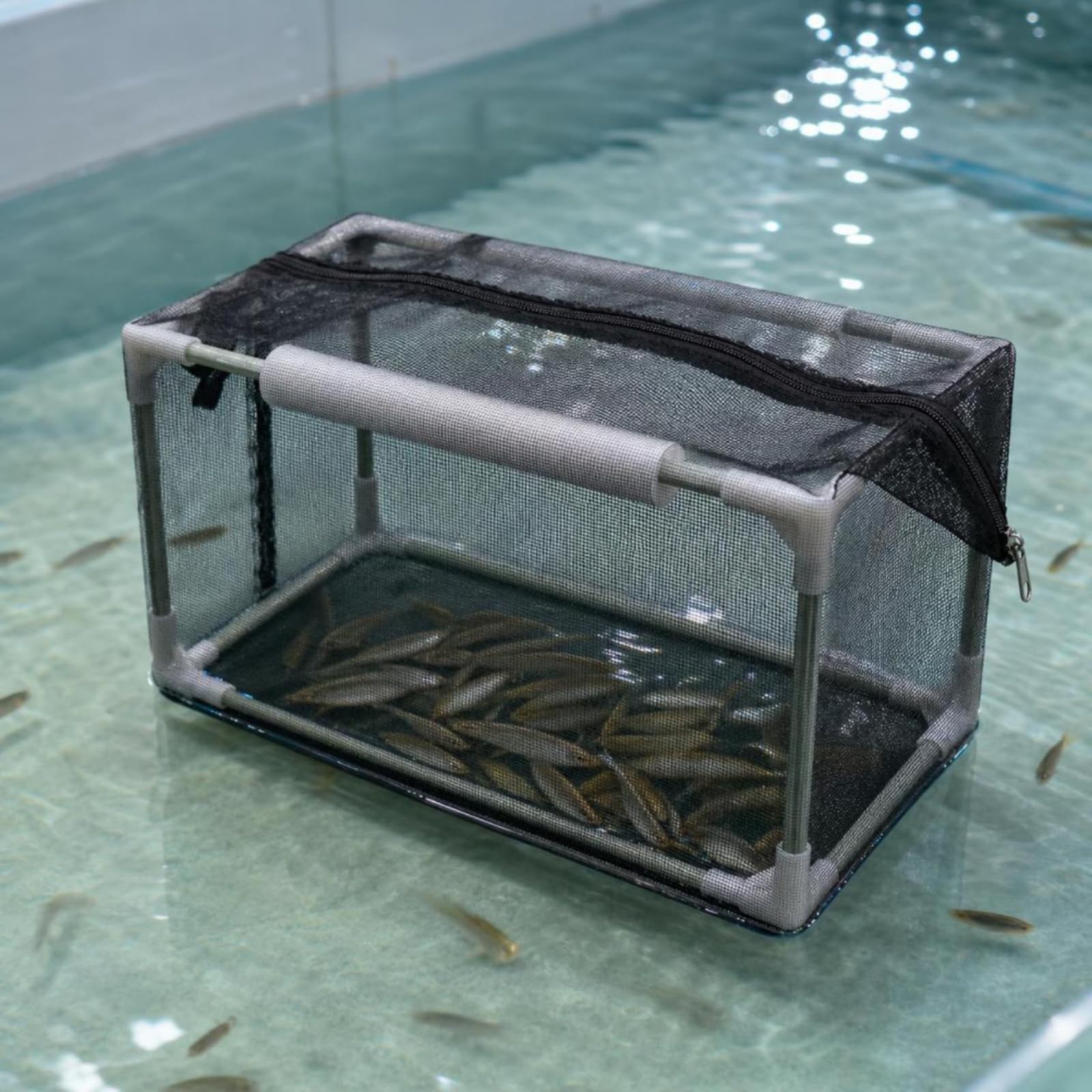 Aquakultur Netz Käfig Fisch Zuchtkäfig Aufzuchtbehälter mit Reißverschluss Und Stabilem Rahmen aus Fiberglas Schaum für Aquarium Teich Quarantäne Beobachtung, 62 32 32cm