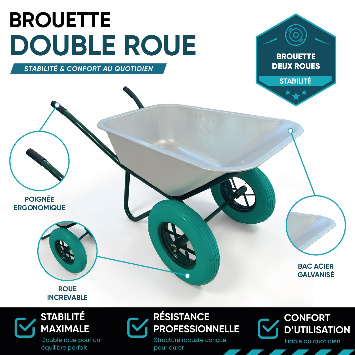 KELI - Brouette 2 Roues Increvables, 110L, Chariot de Transport, Poignées Ergonomiques, Usage Intensif, Acier Galvanisé