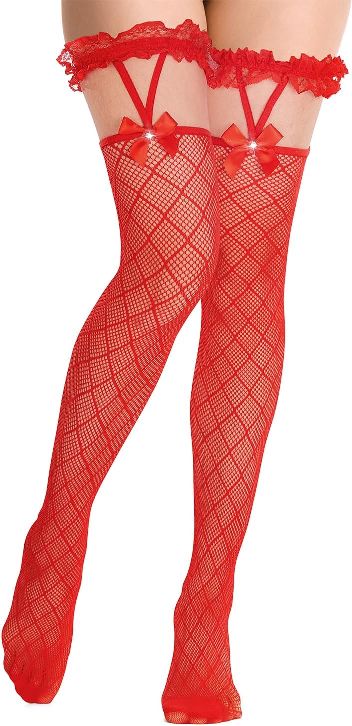 Benefeet Sox Womens Fishnet Thigh High Stockings Sexy Lace Ruffle Garter Bow Argyle Pattern Fishnets Tights