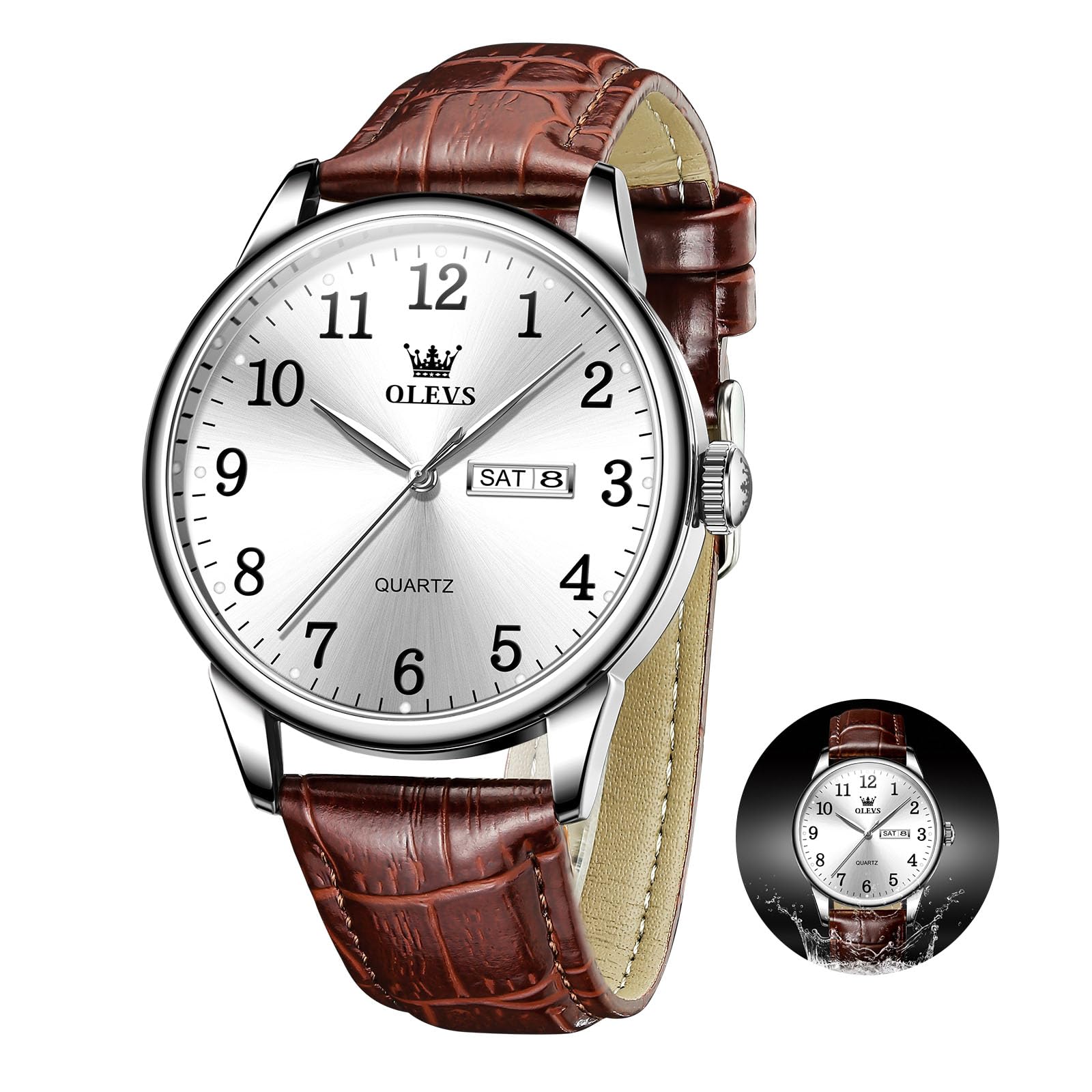 OLEVS Herren Uhren Wasserdicht Lederarmband Lässig Herren Großes Uhren